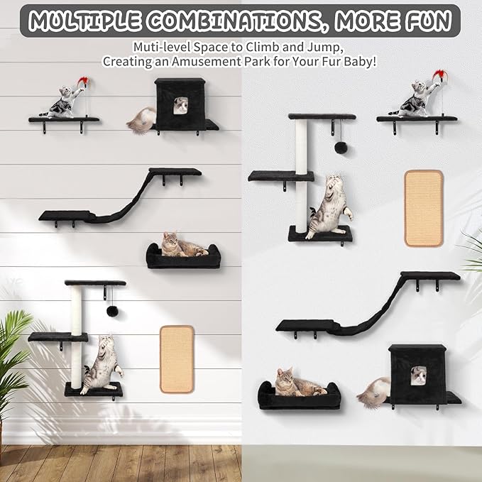 Cat Wall Shelves, 6 in 1 Cat Wall Furniture Set with Condos House, Bed, Bridge, Tree, Steps, Scratching Board, DIY Walls Playground for Indoor (Black)