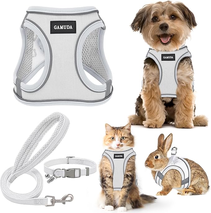 GAMUDA Small Pet Harness Collar and Leash Set, Step in No Chock No Pull Linen Fabric Soft Mesh Dog Vest Harnesses Reflective for Dogs Puppy Cats Kitten Rabbit (White, M)