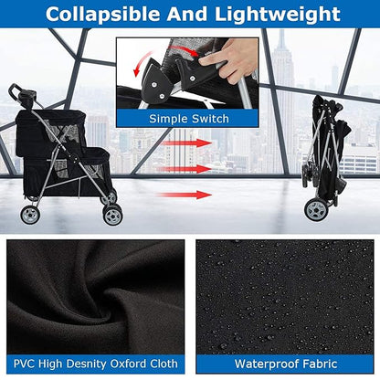 Double Layer Dog Strollers for 2 Small Dogs, 4 Wheels Pet Stroller for Cats/Dogs, Folding Double Decker Jogger Stroller with Removable Liner/Storage Basket/Rear Wheel Break