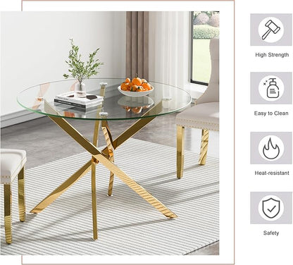 Goujxcy Small Round Dining Table Set for 4, Modern Glass Kitchen Table Chairs Set of 4, 5-Piece Dining Table Set w/36 Circle Gold Glass Dining Room Table and 4 Green Upholstered Dining Chairs