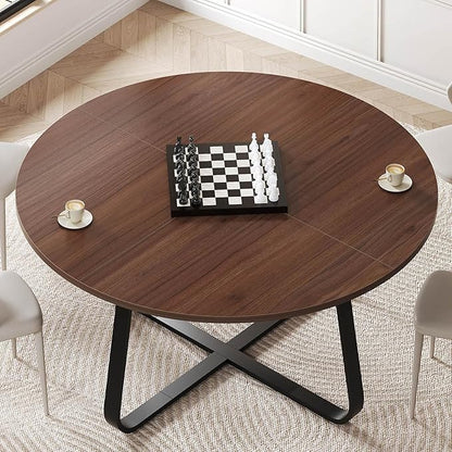 LVB Round Dining Table, Modern Wood Metal Kitchen Tables, Industrial Small Dinner Room Table for 4 to 6 People, Circle Coffee Dining Room Tables for Home Kitchen Living Room, Walnut, 51 Inch
