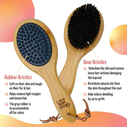 The Buddy System Combo Bristle Pet Brush, 2-in-1 Brush, Durable Rubber Side and Soft Boar Bristle Side - All Pets and Coat Lengths - Top Coat Massage for Cats & Dogs - 1 Pack