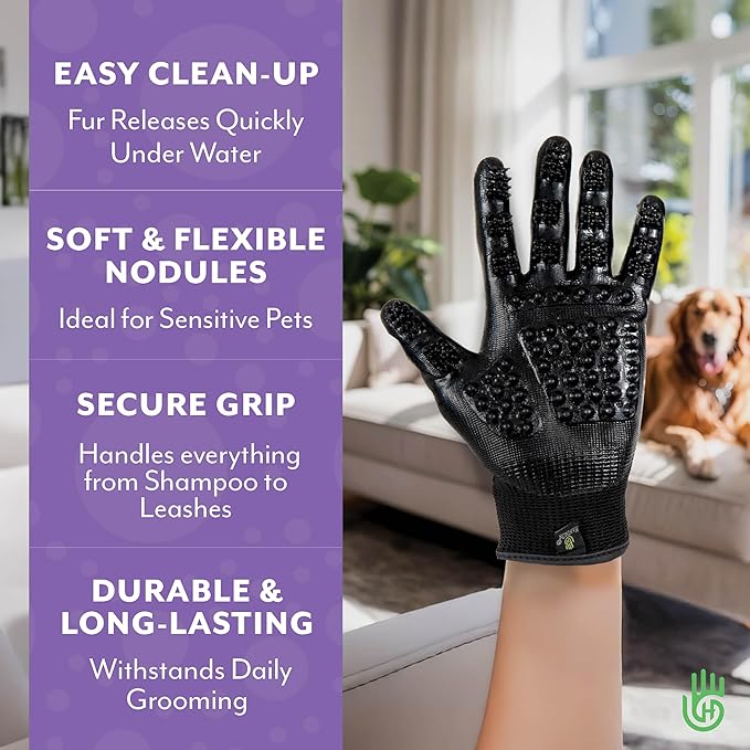 H HANDSON Pet Grooming Gloves - Patented #1 Ranked, Award Winning Shedding, Bathing, & Hair Remover Gloves - Gentle Brush for Cats, Dogs, and Horses (Purple, Small)