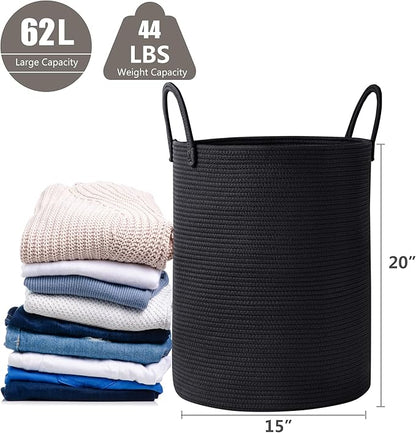 62L Black Woven Rope Hamper Laundry Basket for Clothes Tall Modern Blanket Storage Basket in Living Room Bedroom