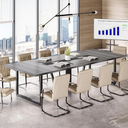 LITTLE TREE 8FT Conference Table for 10 People, Large Meeting Table, Modern Wooden Conference Room Tables with Cable Management, Business Style Training Tables with Strong Metal Legs for Office, Grey