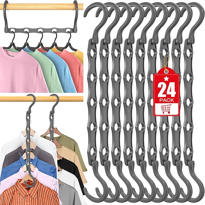 24 Pack Hangers Space Saving Magic Plastic Hanger Organizer Shirt Space Saving Hangers, Multi Clothes Hangers Space Saver for Closet Organizers Storage College Dorm Room Essentials, Grey