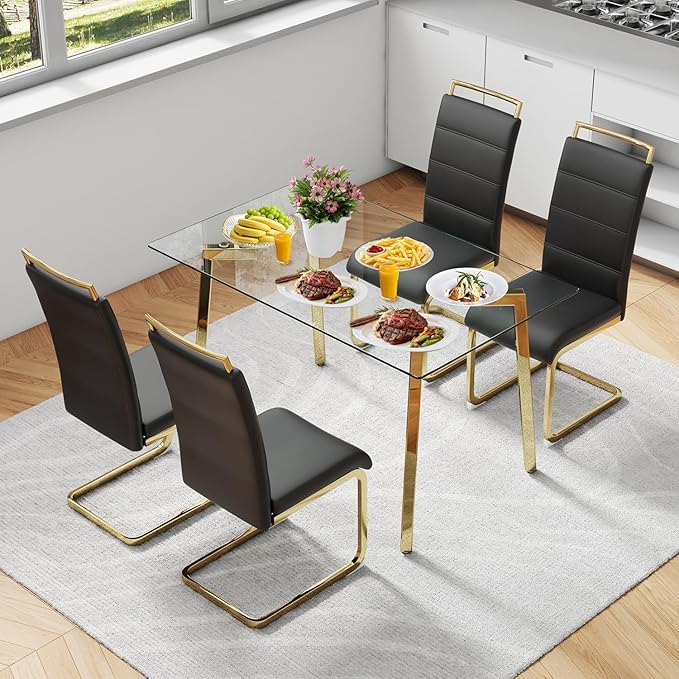 51" Glass Dining Table Set for 4,Small Kitchen Room Dining Table Set 4 with Chairs,Tempered Glass Top with Gold Legs,Easy to Assemble,Dinette Breakfast Nook