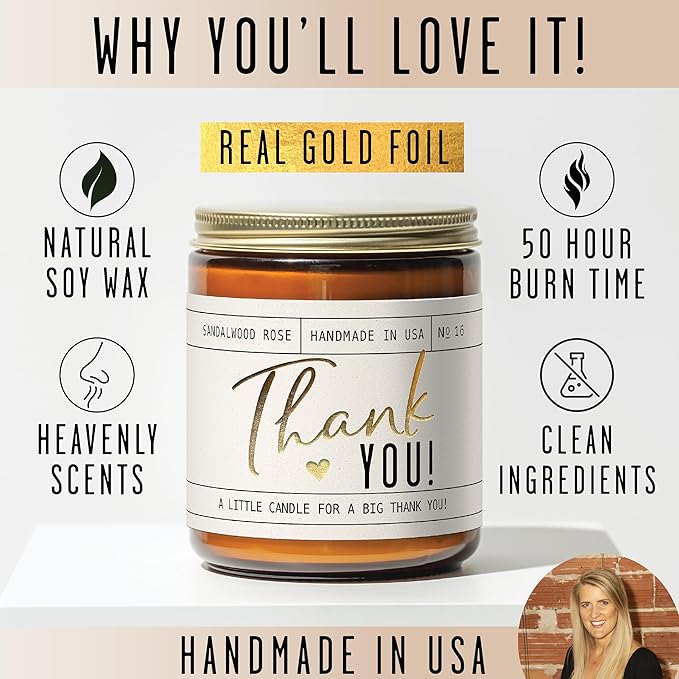Thank You Gifts for Women - 'Thank You' Candle, w/Sandalwood Rose I Appreciation Gifts for Women I Thank You Gift for Friends, Couples, Coworkers, Boss, Teacher, Staff, Employee I 50Hr Burn, USA Made