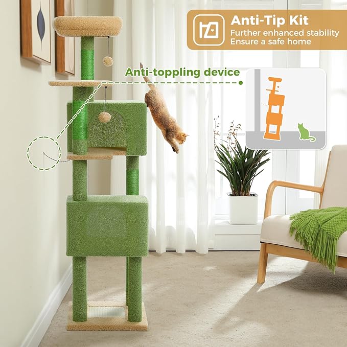 62" Cactus Cat Tree for Indoor Cats, Multi-Level Cat Tower with 2 Spacious Condos, Dual Top Perches, Scratching Pad, 4 Scratching Posts, 2 Pompoms, Green