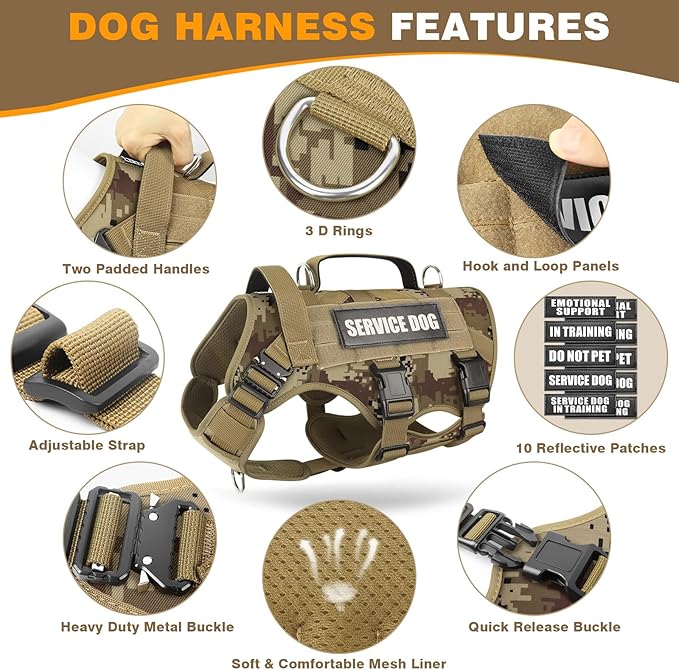 WINSEE Service Dog Vest Harness for Medium Dog, Tactical Working MOLLE Vest with 10 Pet Patches, No Pull Heavy Duty Harness for Training Walking