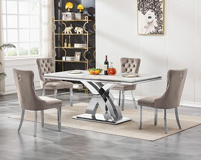 Goujxcy 5-Piece Dining Table Set Modern Faux Marble Dining Table Set for 4, Luxury 68" Long Faux Marble Kitchen Table with 4 Velvet Upholstered Chairs, Mirrored Stainless Steel Base