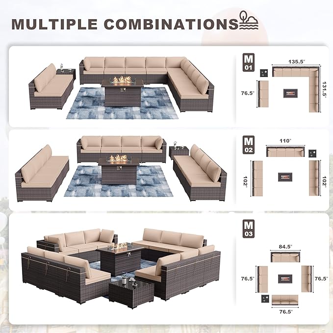 Kurapika 14 Pieces Patio Furniture Set, Rattan Wicker Outdoor Conversation Sets w/43in Propane Fire Pit Table and 4 Inch Cushion(Sand)