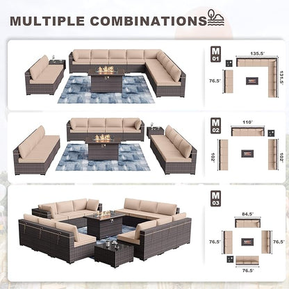 Kurapika 14 Pieces Patio Furniture Set, Rattan Wicker Outdoor Conversation Sets w/43in Propane Fire Pit Table and 4 Inch Cushion(Sand)