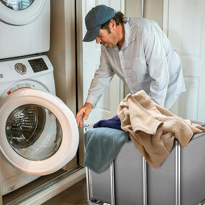 Commercial Laundry Cart on Wheels, 11.35 Bushels Large Roller with Removable Waterproof Canvas Lined Basket, Heavy Duty Stainless Steel for Hotels and Hospitals