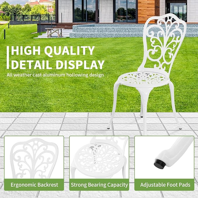 Patio Bistro Sets, Cast Aluminum Bistro Table and Chairs Set of 2 with Umbrella Hole, Bistro Set 3 Piece Outdoor, Metal Patio Furniture Set for Garden Porch, White