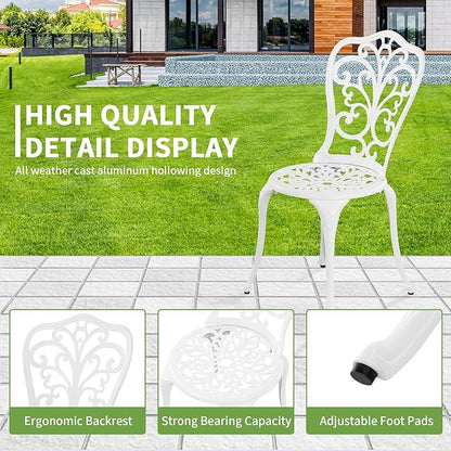 Patio Bistro Sets, Cast Aluminum Bistro Table and Chairs Set of 2 with Umbrella Hole, Bistro Set 3 Piece Outdoor, Metal Patio Furniture Set for Garden Porch, White