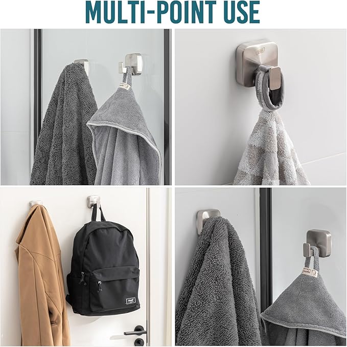TAILI Thickened 304 Stainless Steel Bathroom Suction Hook for Towel, Loofah, Bathrobe, Patented Strong Suction Cup Holder, Damage-free Hanging Glass Shower Wall Hook, Hold Up to 11 Lbs, 2 Pack, Silver