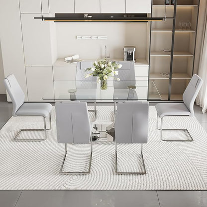 AZmac 63” Glass Dining Room Table Set for 6, Modern Kitchen Table and Chairs Set of 6, Dining Sets with Rectangular Tempered Glass and Sturdy Silver Chrome Base, for Kitchen Home