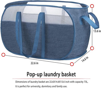 Pop Up Laundry Hamper，with Durable Handles collapsible laundry basket，Easy to Open and Fold for college Dorm,kids room，travel (Blue)…
