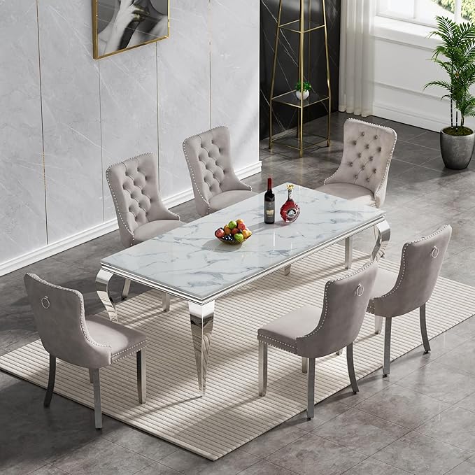 Goujxcy 70" Marble Dining Table Set for 6, Modern 7 Piece Dining Room Table Set with White Faux Marble Dining Table & 6 Grey Velvet Upholstered Chairs, Luxury Silver Kitchen Table Chairs Set of 6