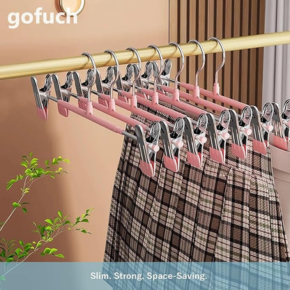Pants Hangers with Clips - 8 Pack Heavy Duty, Non-Slip Adjustable Space Saving Skirt Hangers for Pants, Jeans, Shorts | White | 12 Inch