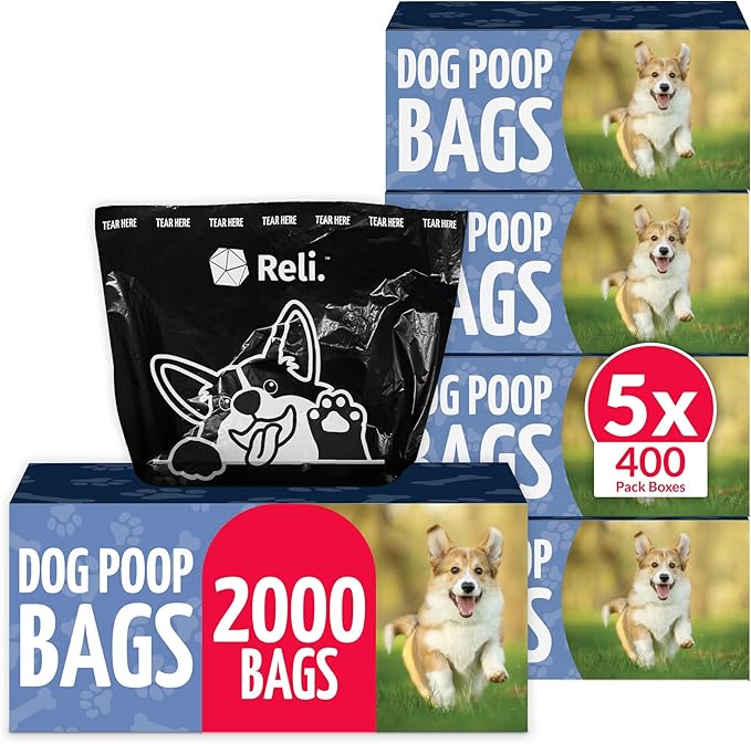 Reli. Dog Poop Bags (2000 Pack, 5 Large Rolls) | 9"x13" Large Poop Bags for Dogs | Unscented, Leak Proof for Doggie/Pet Waste Clean Up | Black | Dispenser Box | Bulk