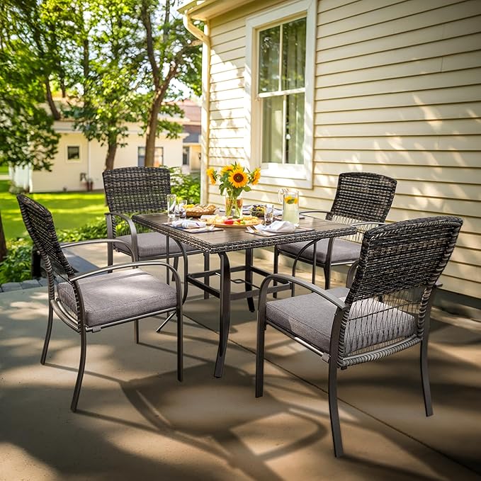Pamapic 5-Piece Outdoor Furniture Set, Rattan Patio Dining Set with Weather-Resistant Iron Slats Table, 4 Stackable Chairs & Removable Cushions for Backyard, Deck, Garden (Grey)