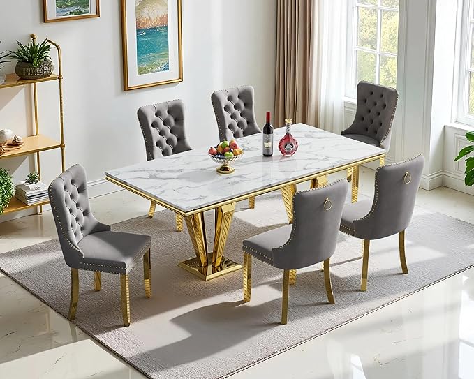 70" Faux Marble Dining Table Set for 6, 7-Piece Dining Set with White Gold Kitchen Table and 6 Velvet Tufted Chairs, Modern Rectangular Dining Room Table with Diamond-Shape Stainless Steel Base