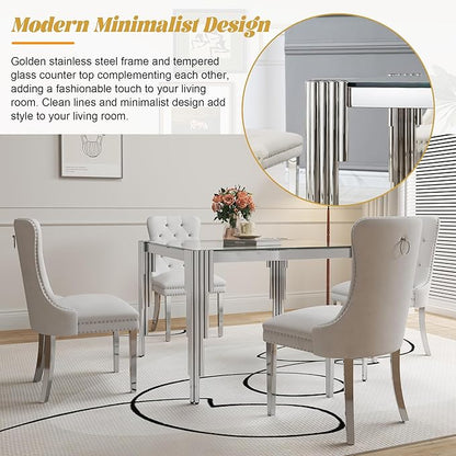5 Piece Glass Dining Table Set, Morden Kitchen Table Set for 4 with 35" Clear Glass Dining Table and 4 White Velvet Upholstered Chairs for Kitchen, Silver Legs