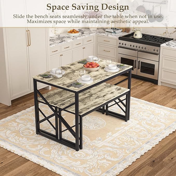 VECELO Kitchen Dining Table Benches Set for 4, 43.3" Wooden Dinette with 2 Benches, Heavy-Duty Dining Room Table for Small Space, Breakfast Nook, Grey