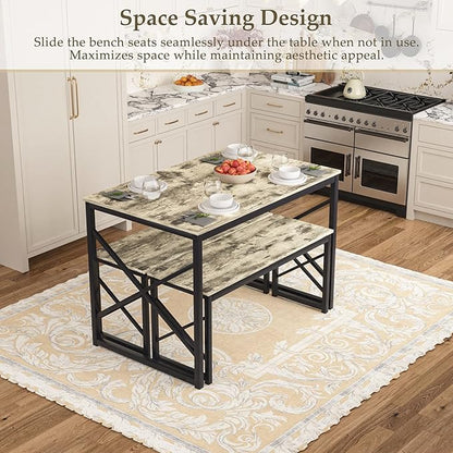 VECELO Kitchen Dining Table Benches Set for 4, 43.3" Wooden Dinette with 2 Benches, Heavy-Duty Dining Room Table for Small Space, Breakfast Nook, Grey