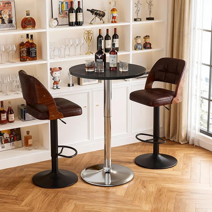 Shahoo Round Bar Table, Adjustable Height and 360° Swivel Bistro Pub Table, Cooktail Table for Bar, Bistro, Dining Room, Black with Silver Base