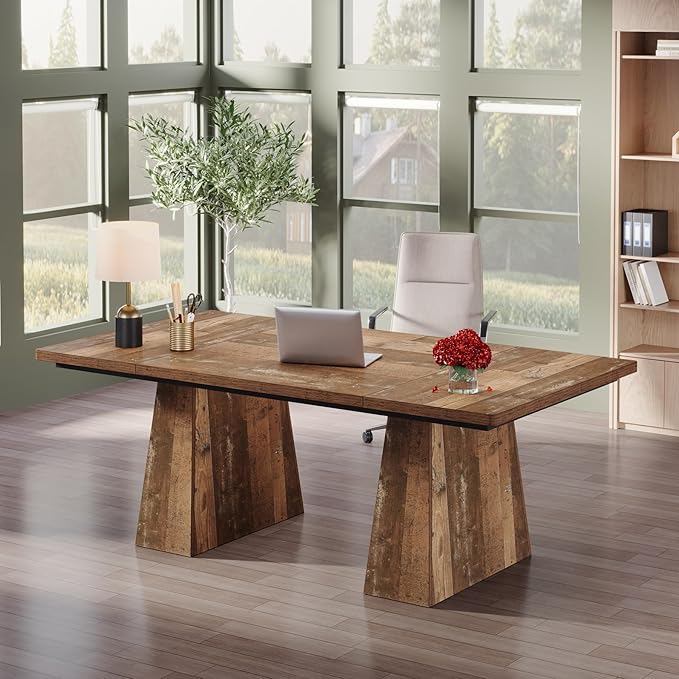 Tribesigns 63-Inch Executive Desk, Large Office Computer Desk with Double Pedestal, Modern Simple Workstations Writing Table Conference Table Business Furniture for Home Office, Espresso Brown