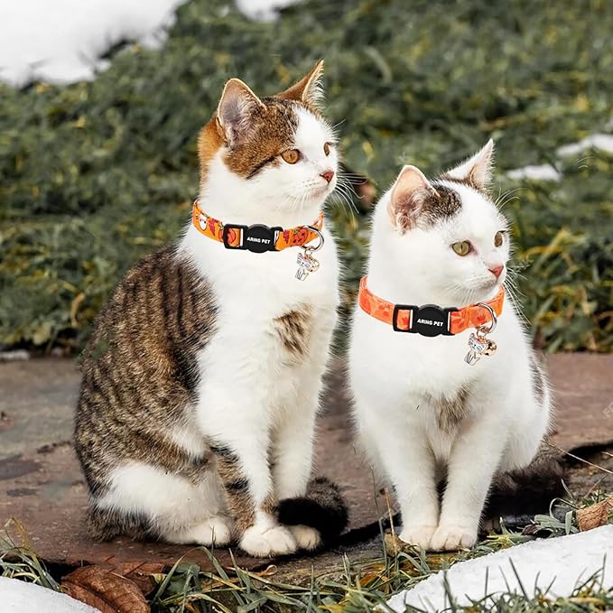 ARING PET 2 Pack Fall Cat Collars-Cute Cat Collar Breakaway with Bell & Pendant, Adjustable Fall&Halloween Kitten Collars with Safety Buckle for Girl and Boy Cats