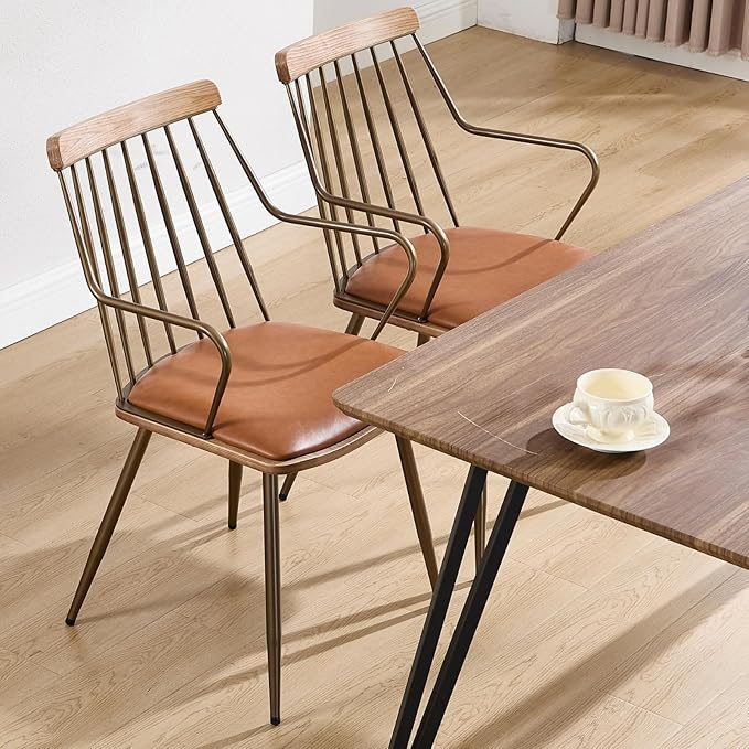 Modern Dining Chairs Set of 6, PU Upholstered Dining Chairs with Metal Legs, Wood Kitchen Chairs with Fence-Like Back and Curved Arm for Dining Room Kitchen Restaurant Reception (Brown)