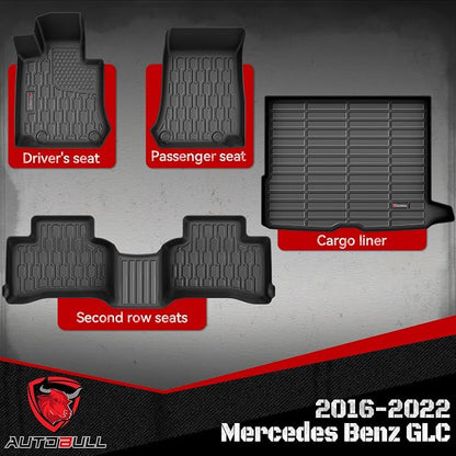Floor Mats & Cargo Liner Compatible with 2016-2022 Mercedes Benz GLC Cargo Mat, Full Set All Weather Protection 1st, 2nd Row Car Liners & Trunk Mat, Black