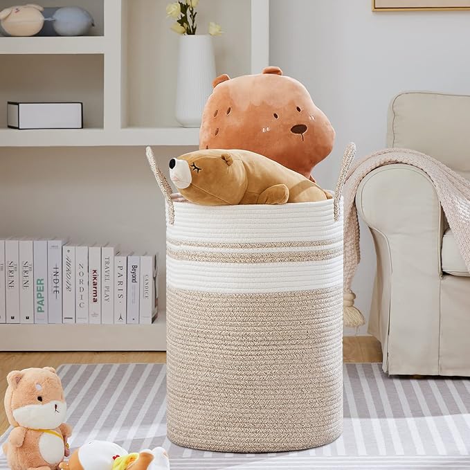 VIPOSCO Large Laundry Hamper, Tall Woven Rope Storage Basket for Blanket, Toys, Dirty Clothes in Living Room, Bathroom, Bedroom - 100L Brown & White