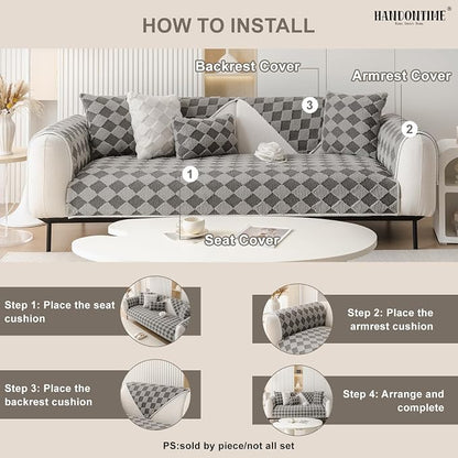 HANDONTIME Non-Slip Pet Couch Cover Washable, Plush Faux Fur Couch Protector for Cushion Pet-Friendly Sofa Covers for Dogs, Checkered Diamond Sectional Covers Dog Mat for Sofa (Grey, 35.6" x 35.6")
