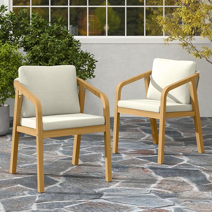 Wisteria Lane Acacia Patio Dining Chairs Set of 2, Outdoor Wood Chairs with Thick Cushions, Modern Patio Seating with Woven Rope Backrest for Porch, Backyard, Garden, Indoor Use, Beige