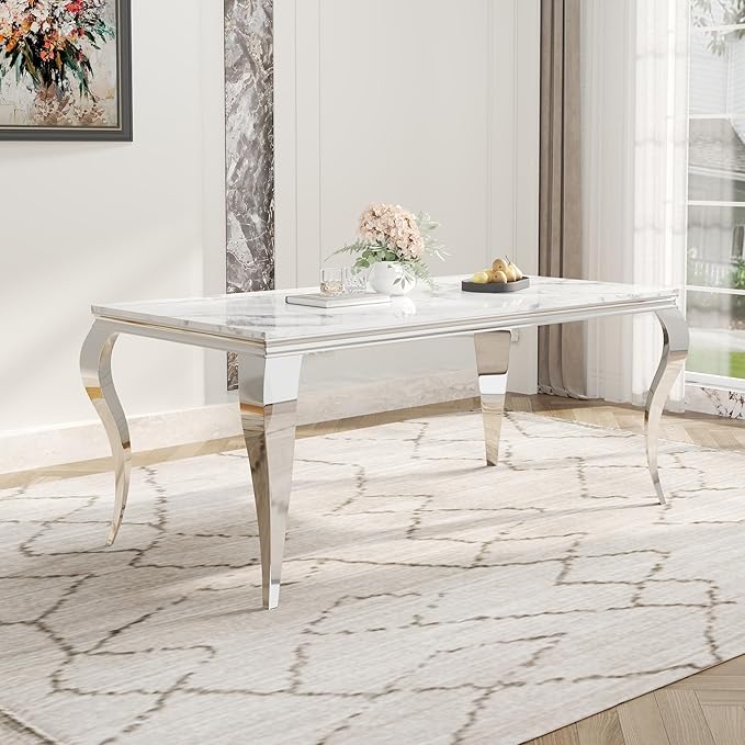 70" Large Marble Dining Table for 4-6 People, Modern Kitchen Table with Faux Marble top and Stainless Steel Leg, Perfect for Home Kitchen Living Room, White,Silver
