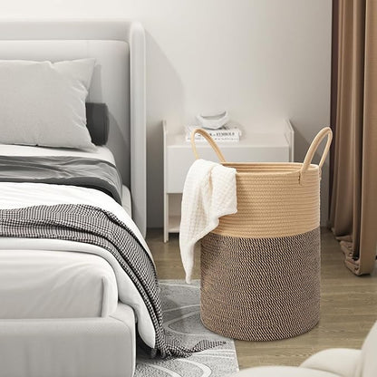 58L Cotton Rope Laundry Basket (20"x15"),Woven Basket for Storage Dirty Clothes Basket for Laundry, Living Room, Nursery, Bedroom Rope Storage Basket for Blankets（Brown/Stitches）