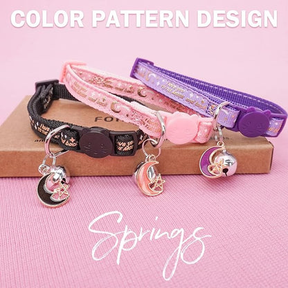 Cat Collar with Bells Breakaway, 3 Pack Moon and Star Cat Collar Reflective, Cute Kitten Collars with Pendant Glow in The Dark for Girl Boy Cats, 8"-12" Adjustable Safe Dog Puppy Kitty Collar