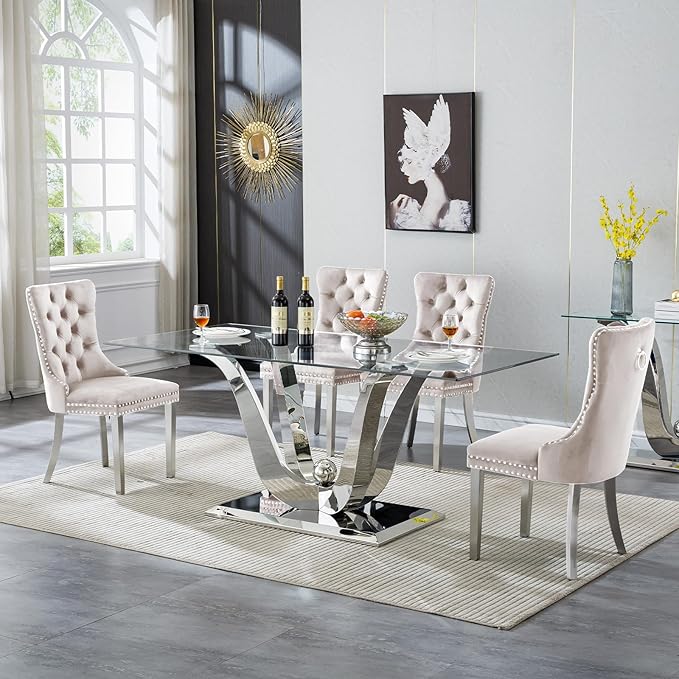 70" Modern Silver Glass Dining Table Set for 4, 5-Piece Rectangle Kitchen Dining Room Table Set with Steel Base & 4 Beige Velvet Upholstered Chairs, Modern Glass Kitchen Table and Chairs Set of 4