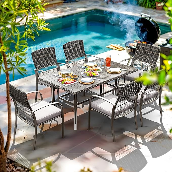 Pamapic 7-Piece Outdoor Dining Set, Grey Wicker Patio Furniture with Removable Cushions & Iron Slat Table, All-Weather Garden/Deck/Backyard Furniture Set (Grey)