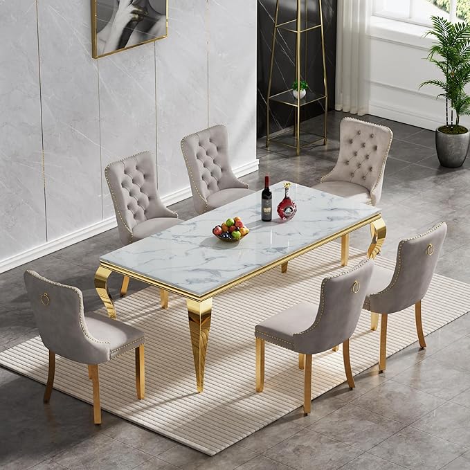 70" Marble Dining Table Set for 6, Modern 7 Piece Dining Room Table Set with White Faux Marble Dining Table & 6 Grey Velvet Upholstered Chairs, Luxury Gold Kitchen Table Chairs Set of 6