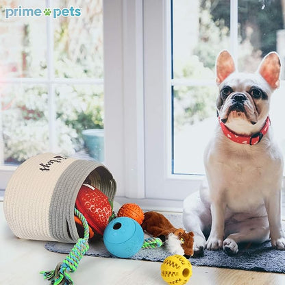 PrimePets Cotton Rope Dog Toy Basket, Small Basket with Handles, Woven Storage Bin for Dogs Pets, 15x10x9 inch Pet Basket Container Holder for Toys, White and Grey