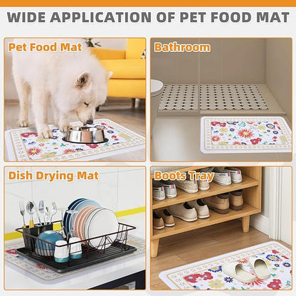 KOOLTAIL Dog Food Mat, 2 Pack Absorbent Pet Feeding Mat for Food and Water Bowls, Placement Pad for Floors with Waterproof Rubber Backing, Quick Dry Water Dispenser Mat for Dogs Cats, Flower, 12"x20"