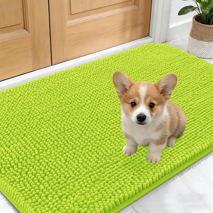 OLANLY Dog Door Mat for Muddy Paws 24x16, Absorbs Moisture and Dirt, Absorbent Non-Slip Washable Doormat, Quick Dry Chenille Mud Mat, Entry Indoor Entryway Carpet for Inside Floor, Bright Green