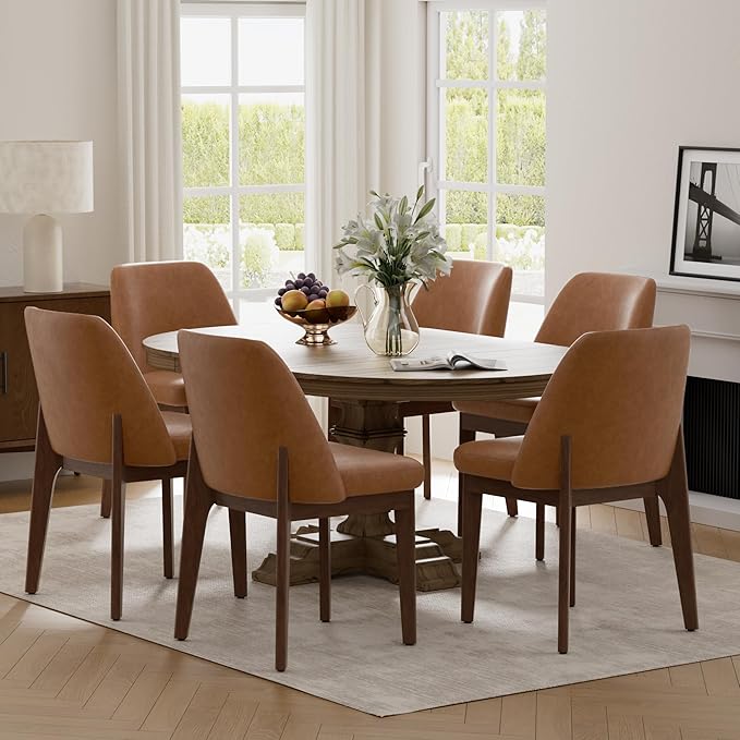 VKNOW Modern Dining Chairs, Faux Leather Kitchen Chairs with Wood Legs, Upholstered Side Chair for Kitchen Dining Room (Brown, Set of 6)