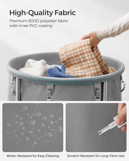 SONGMICS 50.2-Gallon (190 L) Laundry Basket with Wheels, Rolling Round Heavy-Duty Laundry Hamper Cart with Steel Frame and Removable Bag, 2 Locking Wheels, Gray and Metallic Silver URLS001G01